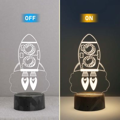 3D Illusion Rocket Night Lamp with Warm White Light Kids Room, Home Decor Birthday Gift for Kids